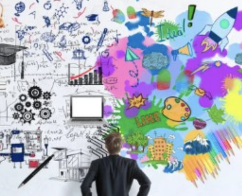 An illustration showcasing the balance between creativity and cybersecurity, with a person observing a colorful representation of ideas and digital technology, symbolizing the protection of creative assets through robust cybersecurity solutions